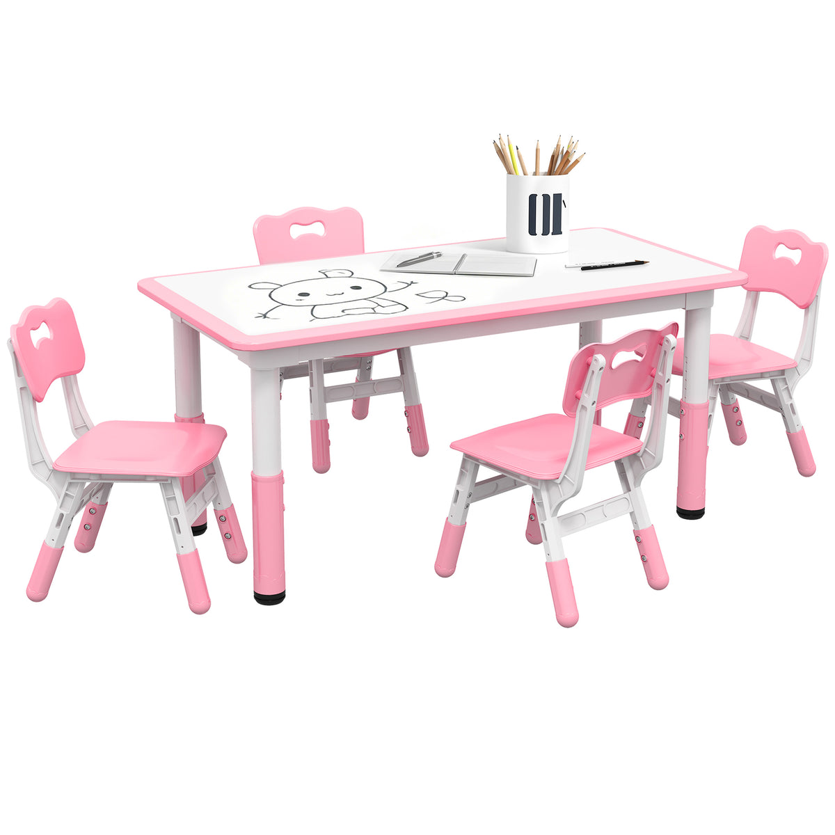 Qaba Kids Table and Chair Set with 4 Chairs, Adjustable Height, Easy to Clean, for 1.5 - 8 Years Old