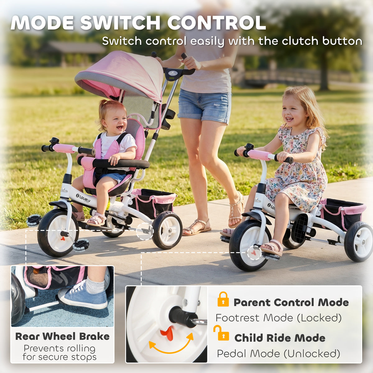 Qaba 6 in 1 Toddler Tricycle Stroller with Basket, Canopy, 5-point Safety Harness, for 12-60 Months
