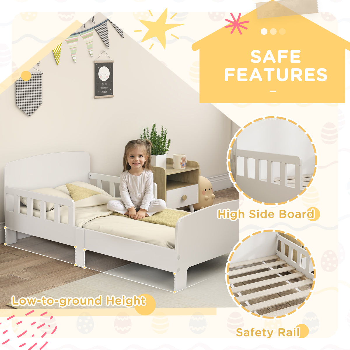 Qaba Toddler Bed Frame with Safety Side Rails for Girls and Boys, Bedroom Furniture