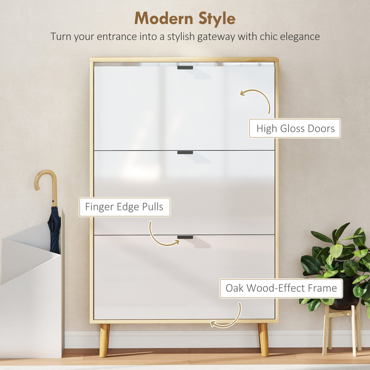 Narrow Shoe Cabinet, High Gloss Shoe Storage Cabinet with 2 Flip Drawers and Adjustable Shelves – view 10