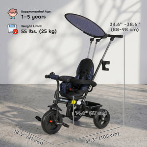 Qaba 6 in 1 Kids Tricycle with Removable Handlebar and Canopy, Navy