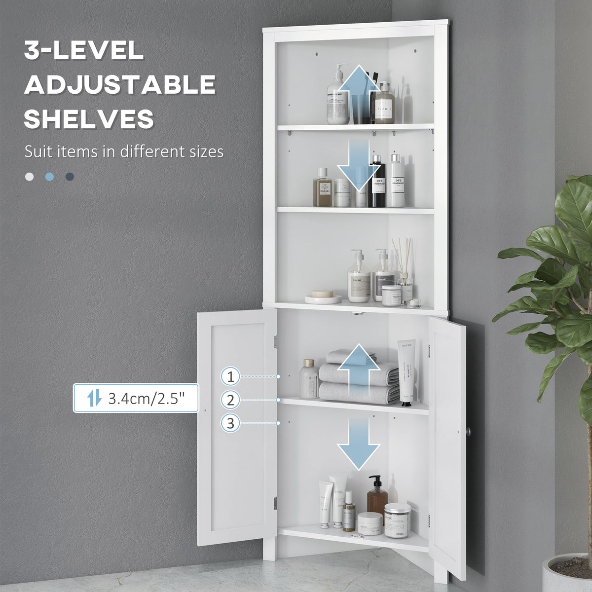 Tall Bathroom Storage Cabinet, Corner Cabinet with Doors, Linen Cabinet with Doors and 3-Tier Shelves, White