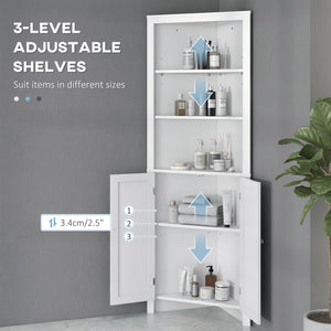 Tall Bathroom Storage Cabinet, Corner Cabinet with Doors, Linen Cabinet with Doors and 3-Tier Shelves, White