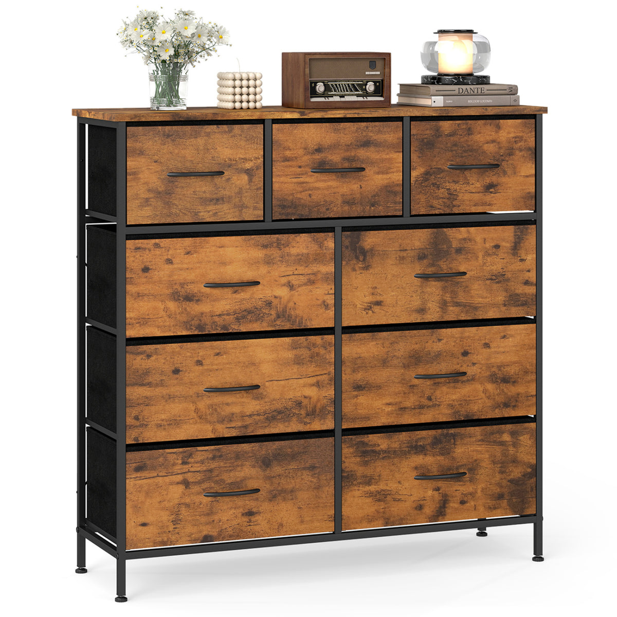9-Drawer Fabric Dresser with Wooden Top for Bedroom-Rustic Brown view 4