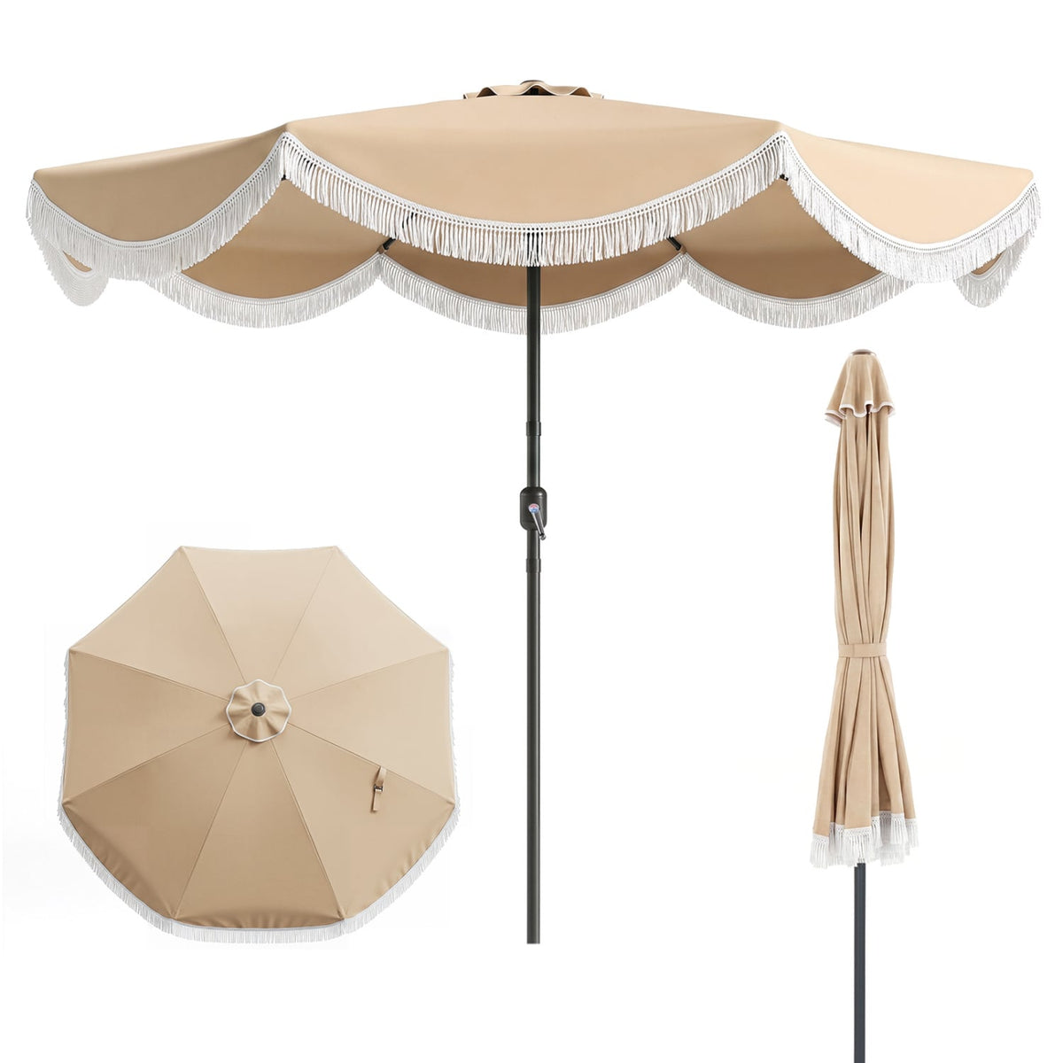 9 FT Outdoor Tassel Umbrella with Push Button Tilt-White