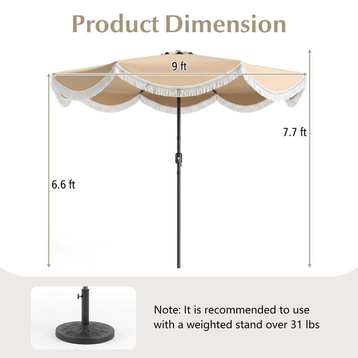 9 FT Outdoor Tassel Umbrella with Push Button Tilt-White view 5