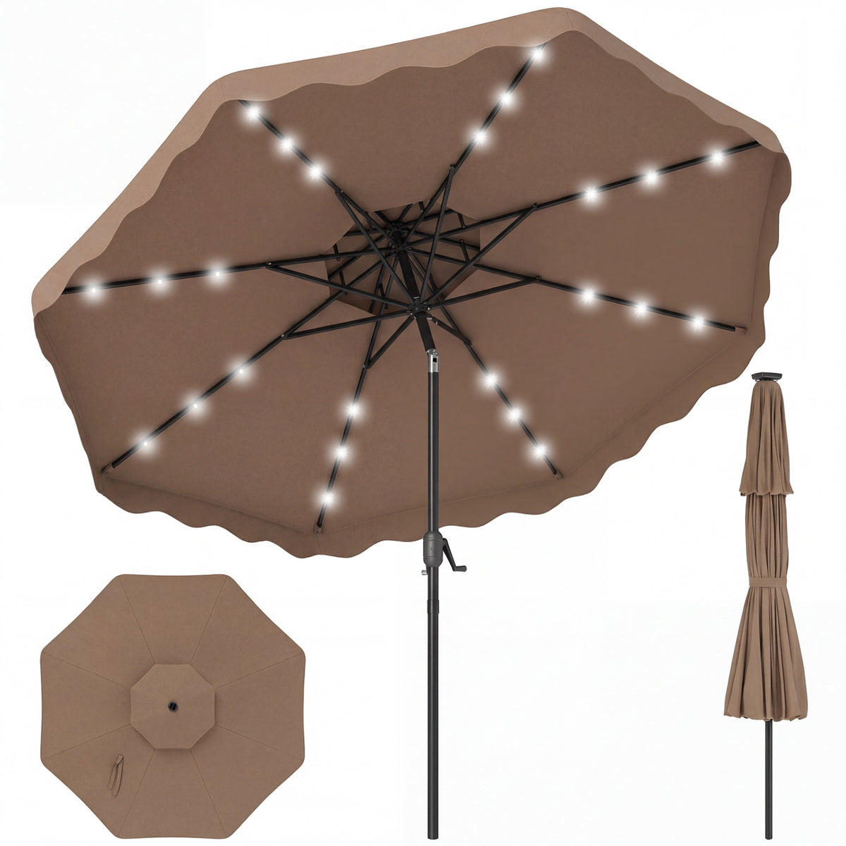 9 FT Solar LED Patio Umbrella Push-Button Tilt and Crank 24 LED Lights and 8 Ribs-Brown view 4