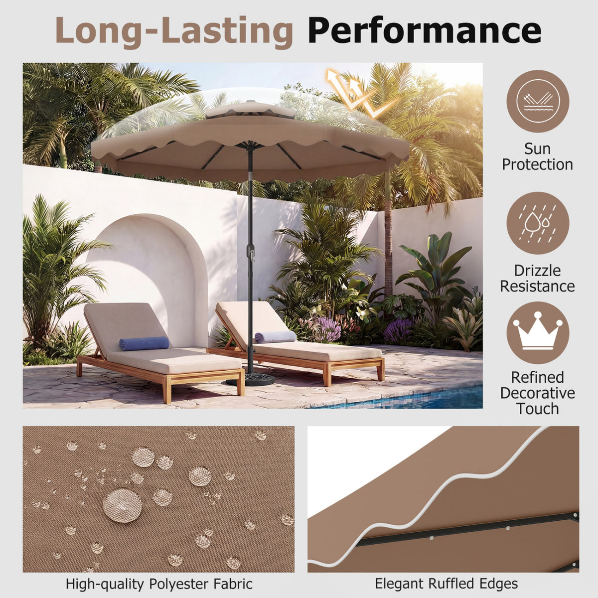 9 FT Solar LED Patio Umbrella Push-Button Tilt and Crank 24 LED Lights and 8 Ribs-Brown view 7