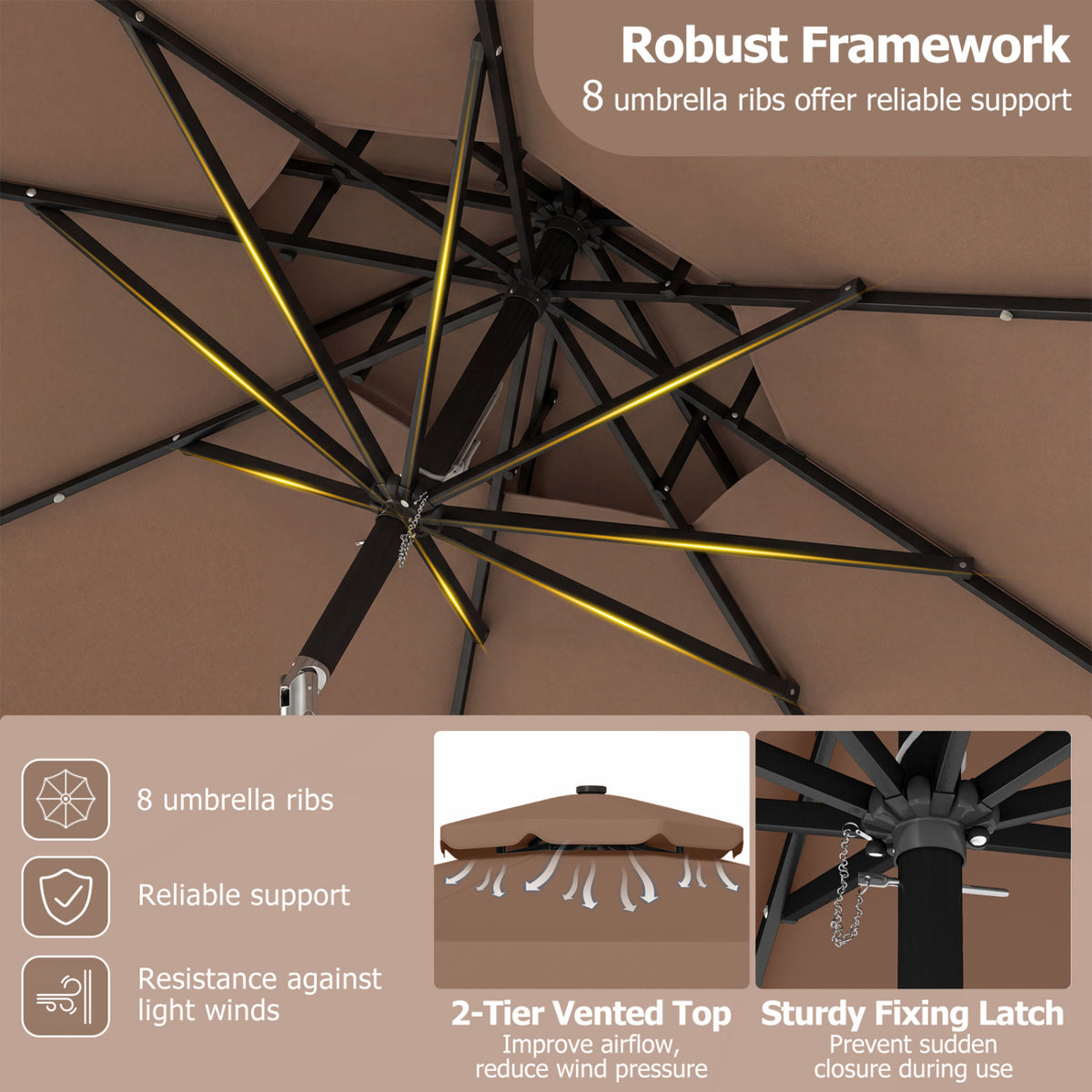 9 FT Solar LED Patio Umbrella Push-Button Tilt and Crank 24 LED Lights and 8 Ribs-Brown view 9