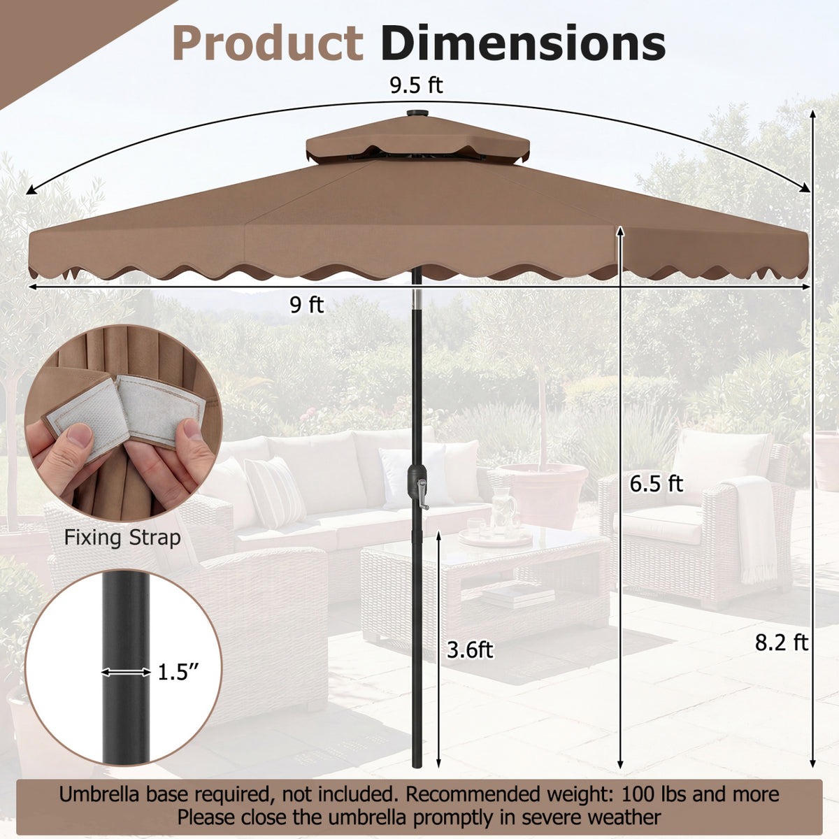 9 FT Solar LED Patio Umbrella Push-Button Tilt and Crank 24 LED Lights and 8 Ribs-Brown view 5