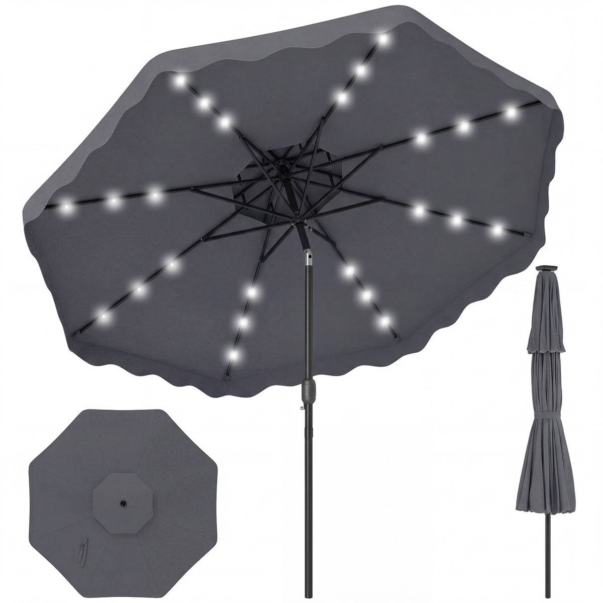 9 FT Solar LED Patio Umbrella Push-Button Tilt and Crank 24 LED Lights and 8 Ribs-Gray view 4