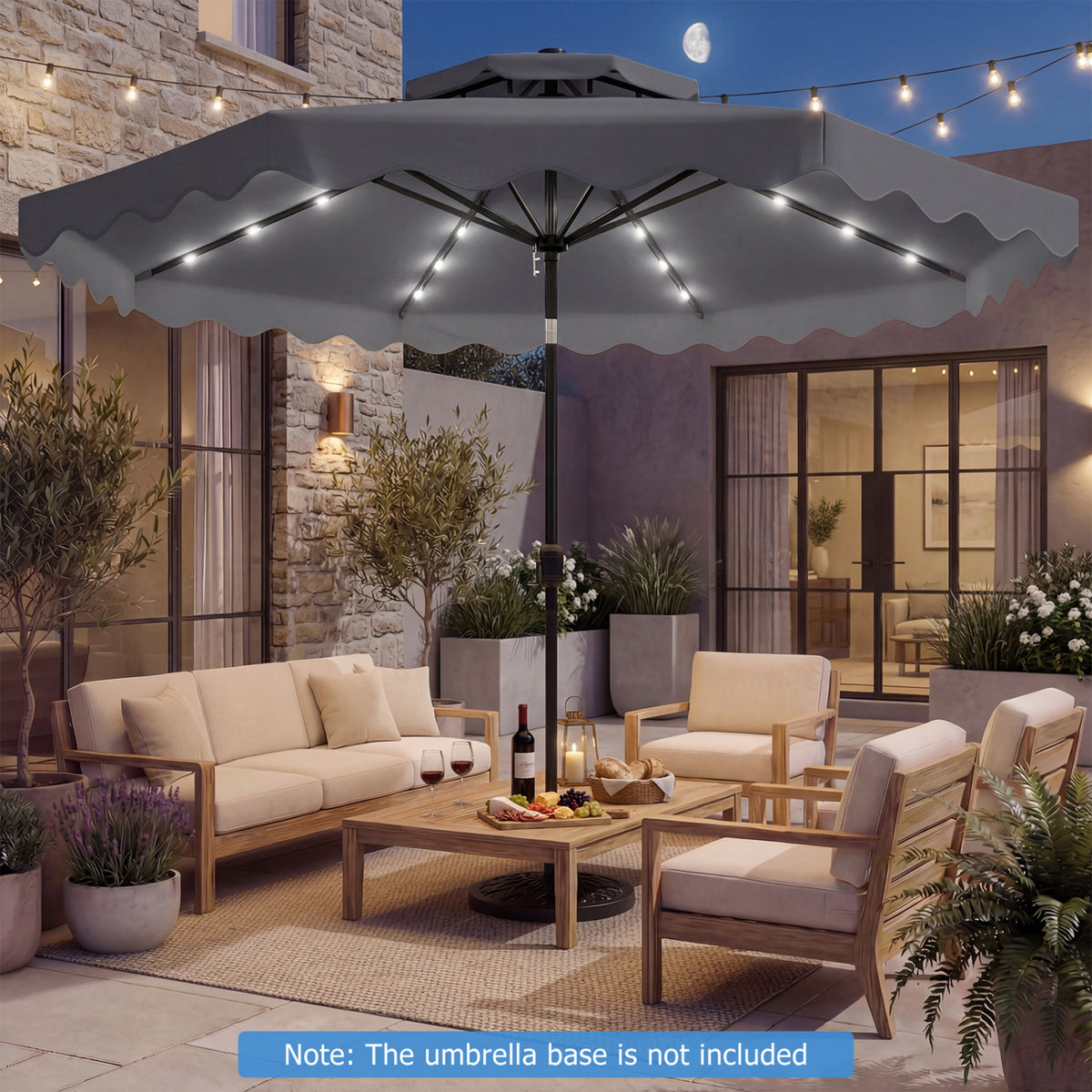 9 FT Solar LED Patio Umbrella Push-Button Tilt and Crank 24 LED Lights and 8 Ribs-Gray view 3