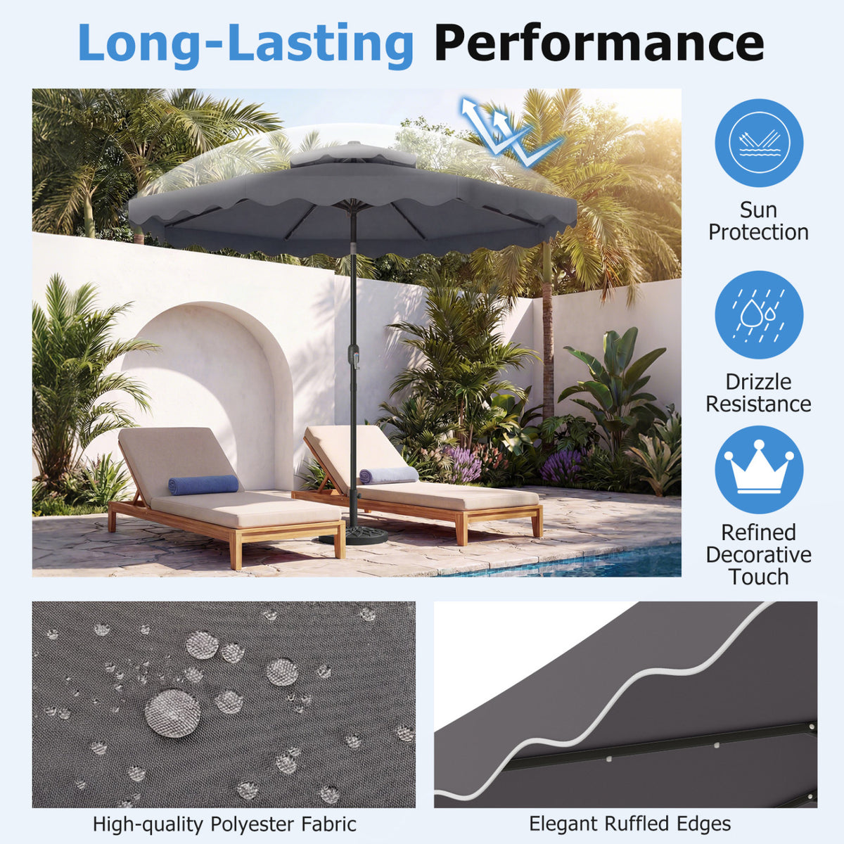 9 FT Solar LED Patio Umbrella Push-Button Tilt and Crank 24 LED Lights and 8 Ribs-Gray view 6