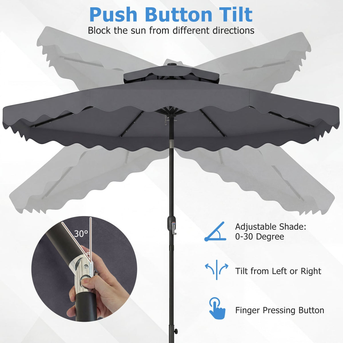9 FT Solar LED Patio Umbrella Push-Button Tilt and Crank 24 LED Lights and 8 Ribs-Gray view 7