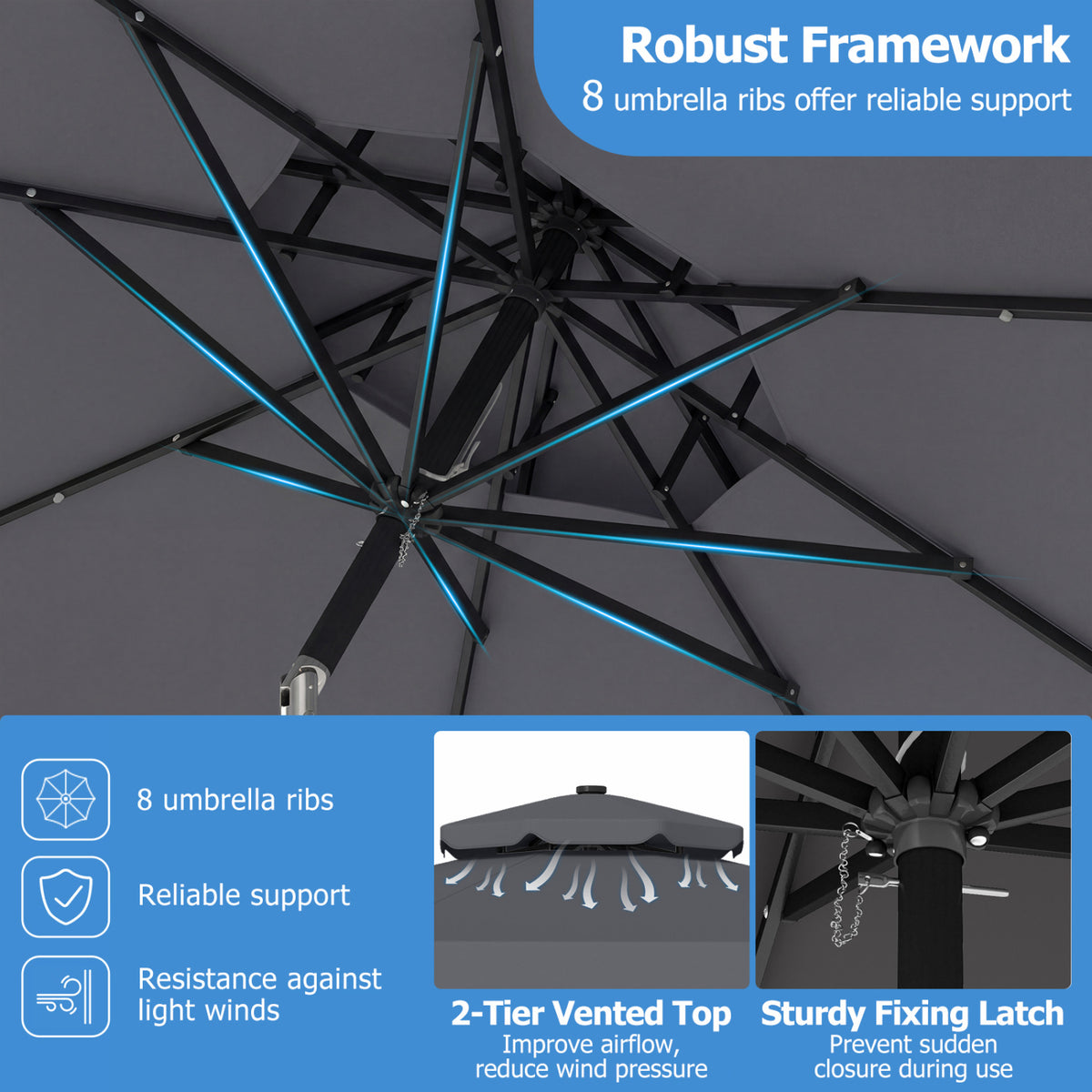 9 FT Solar LED Patio Umbrella Push-Button Tilt and Crank 24 LED Lights and 8 Ribs-Gray view 8