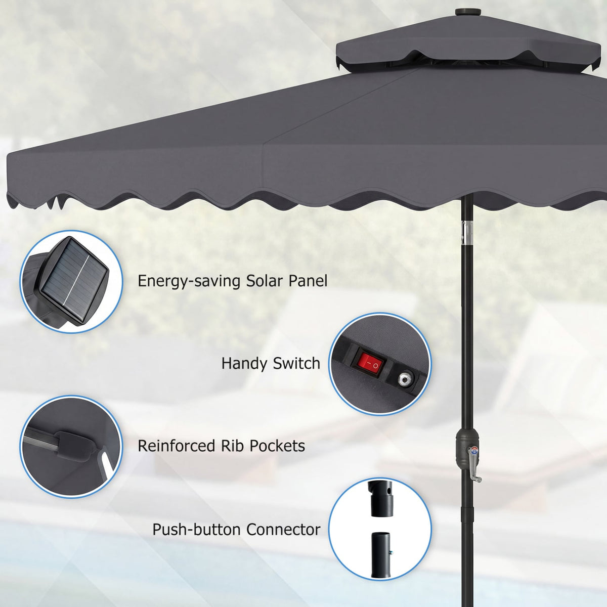 9 FT Solar LED Patio Umbrella Push-Button Tilt and Crank 24 LED Lights and 8 Ribs-Gray view 9