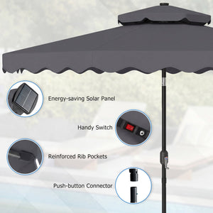 9 FT Solar LED Patio Umbrella Push-Button Tilt and Crank 24 LED Lights and 8 Ribs-Gray view 9