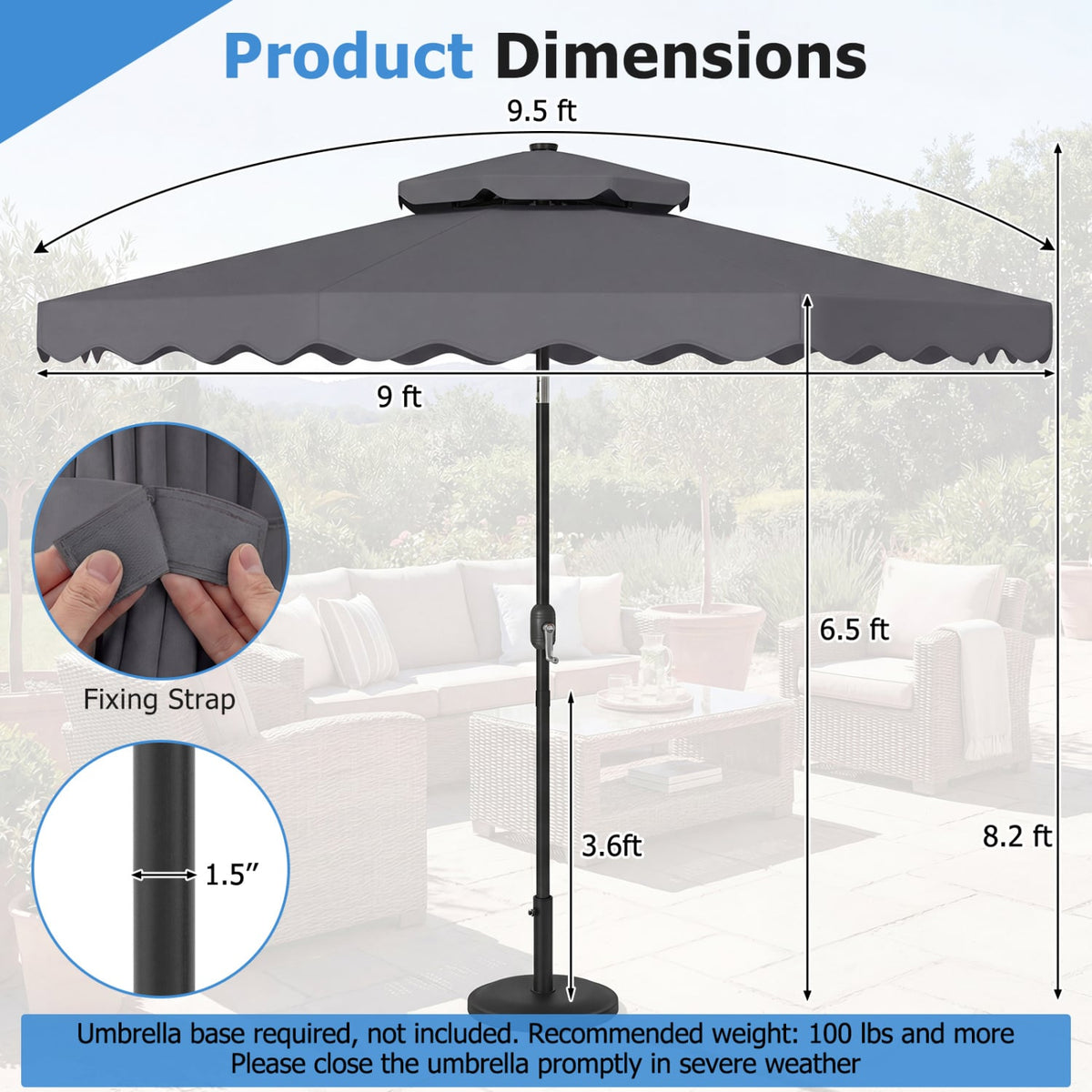 9 FT Solar LED Patio Umbrella Push-Button Tilt and Crank 24 LED Lights and 8 Ribs-Gray view 5