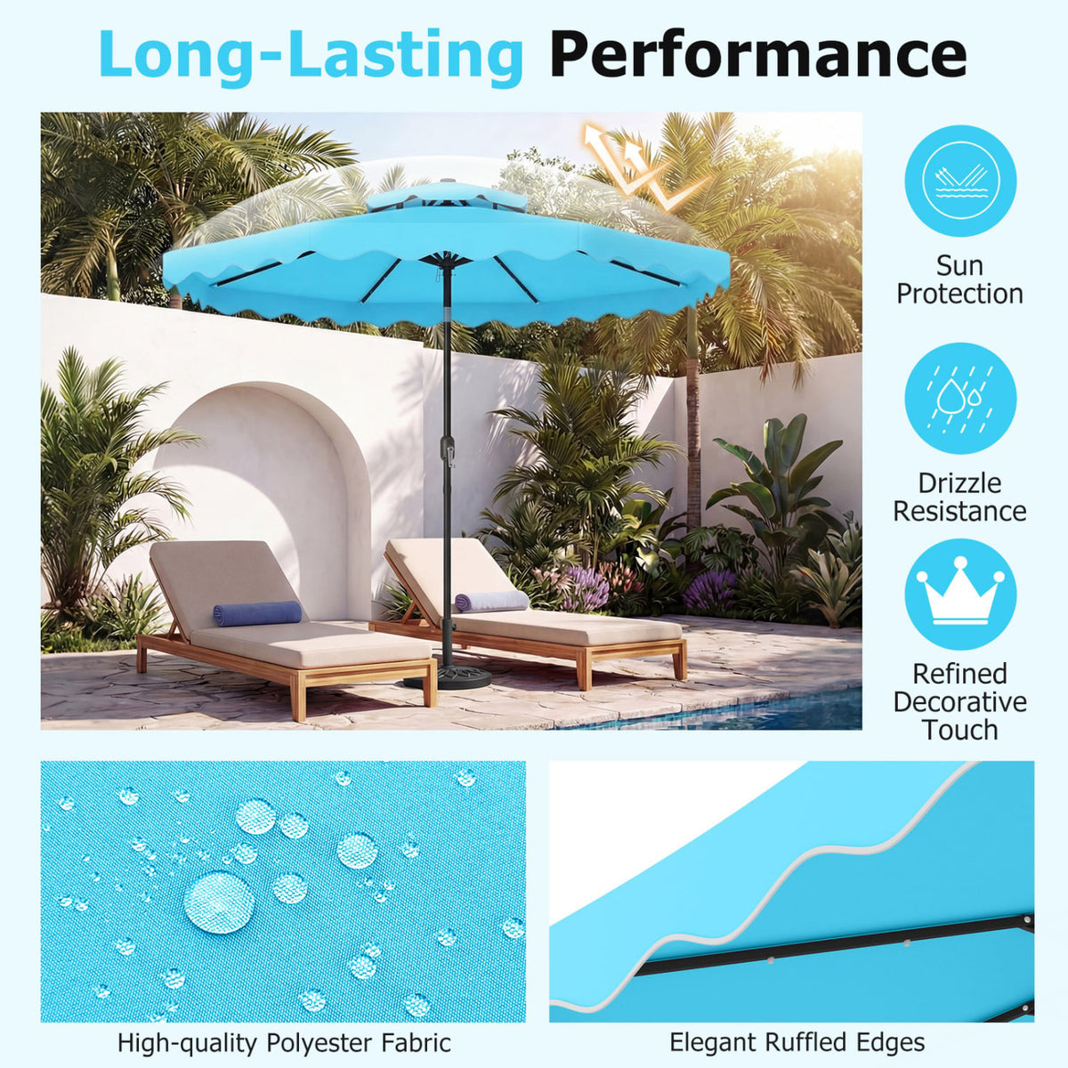 9 FT Solar LED Patio Umbrella Push-Button Tilt and Crank 24 LED Lights and 8 Ribs-Turquoise view 7