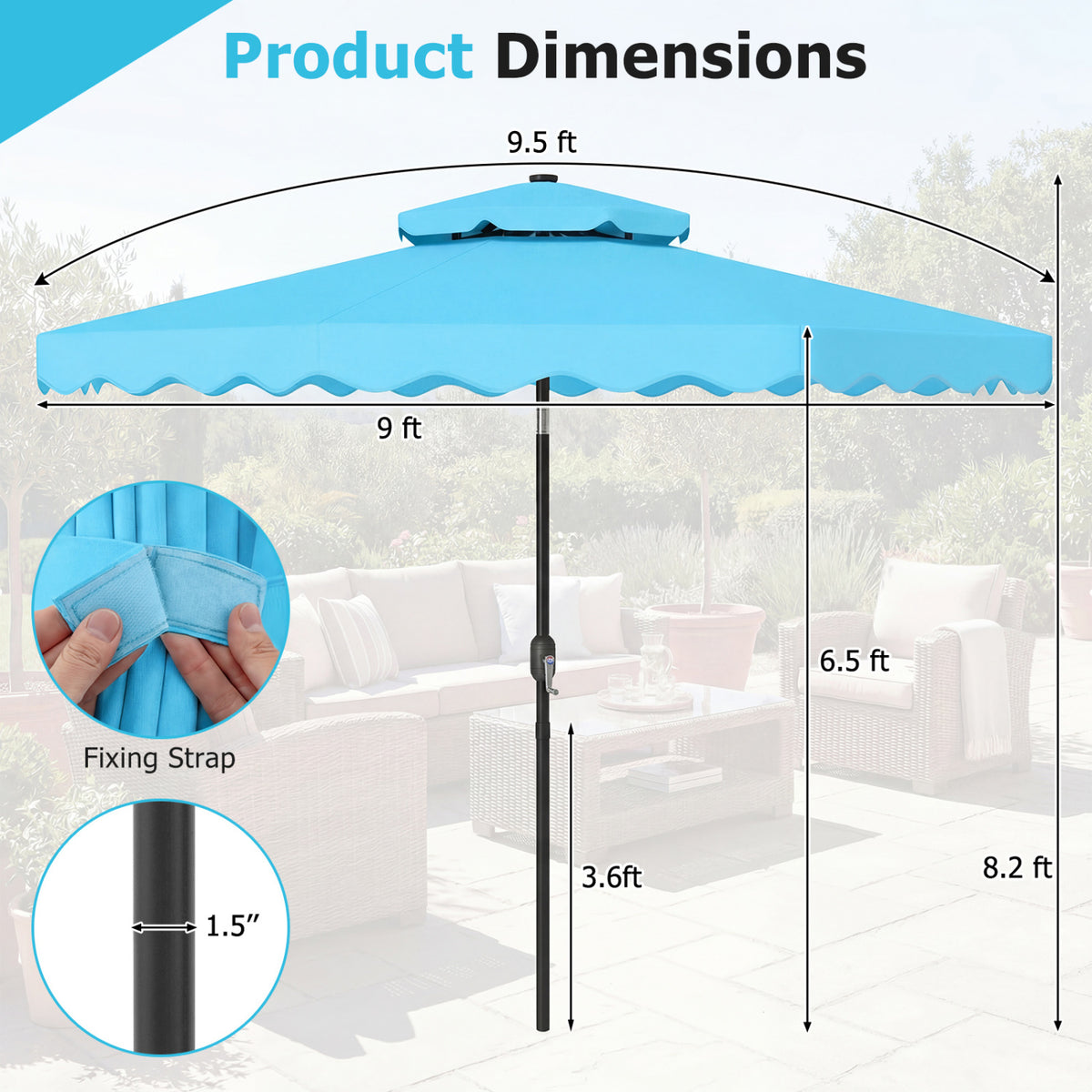 9 FT Solar LED Patio Umbrella Push-Button Tilt and Crank 24 LED Lights and 8 Ribs-Turquoise view 5