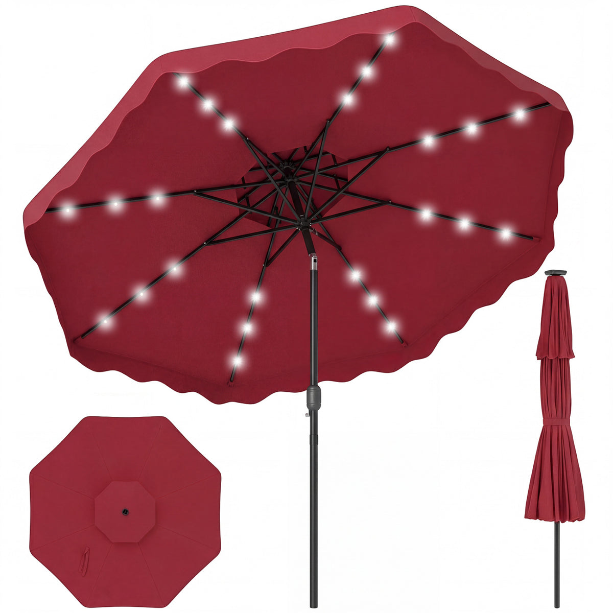 9 FT Solar LED Patio Umbrella Push-Button Tilt and Crank 24 LED Lights and 8 Ribs-Red view 4