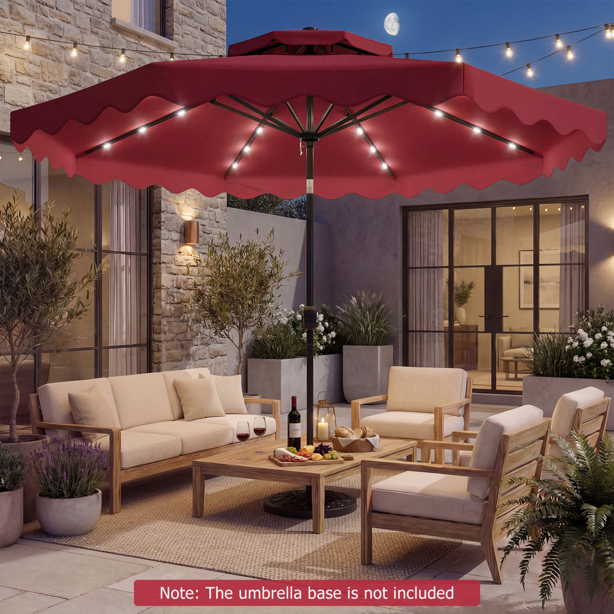 9 FT Solar LED Patio Umbrella Push-Button Tilt and Crank 24 LED Lights and 8 Ribs-Red view 6