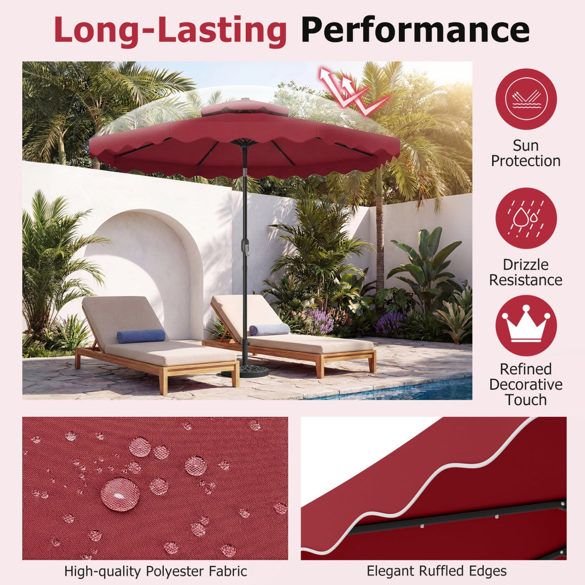 9 FT Solar LED Patio Umbrella Push-Button Tilt and Crank 24 LED Lights and 8 Ribs-Red view 7