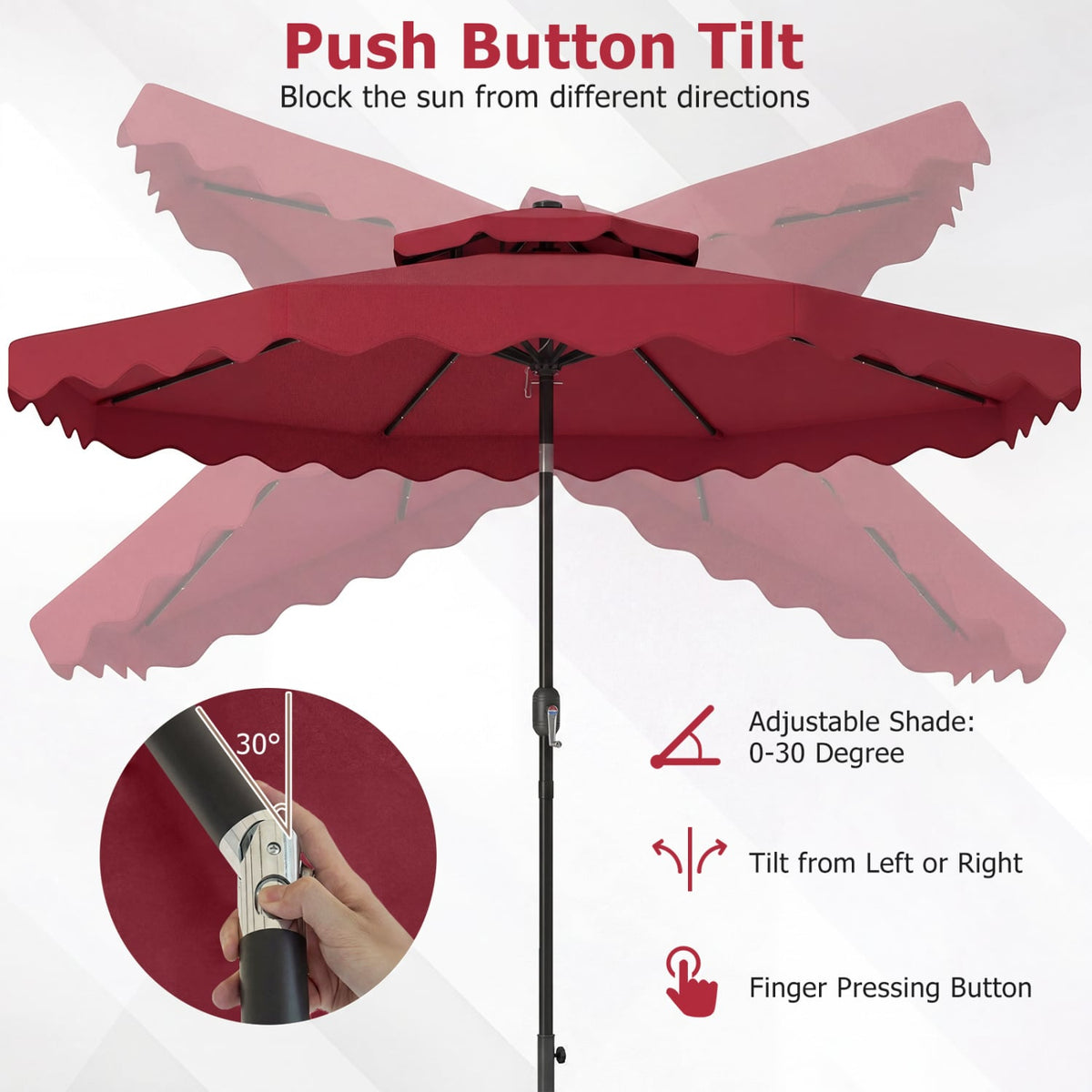 9 FT Solar LED Patio Umbrella Push-Button Tilt and Crank 24 LED Lights and 8 Ribs-Red view 8