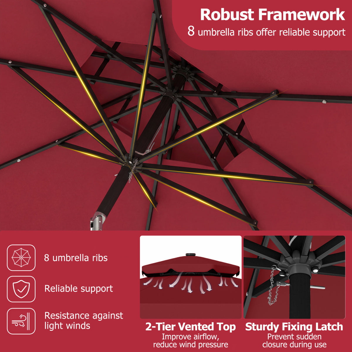 9 FT Solar LED Patio Umbrella Push-Button Tilt and Crank 24 LED Lights and 8 Ribs-Red view 9