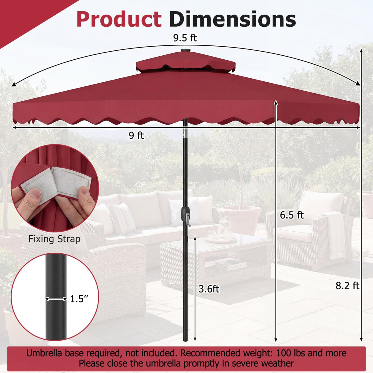 9 FT Solar LED Patio Umbrella Push-Button Tilt and Crank 24 LED Lights and 8 Ribs-Red view 5