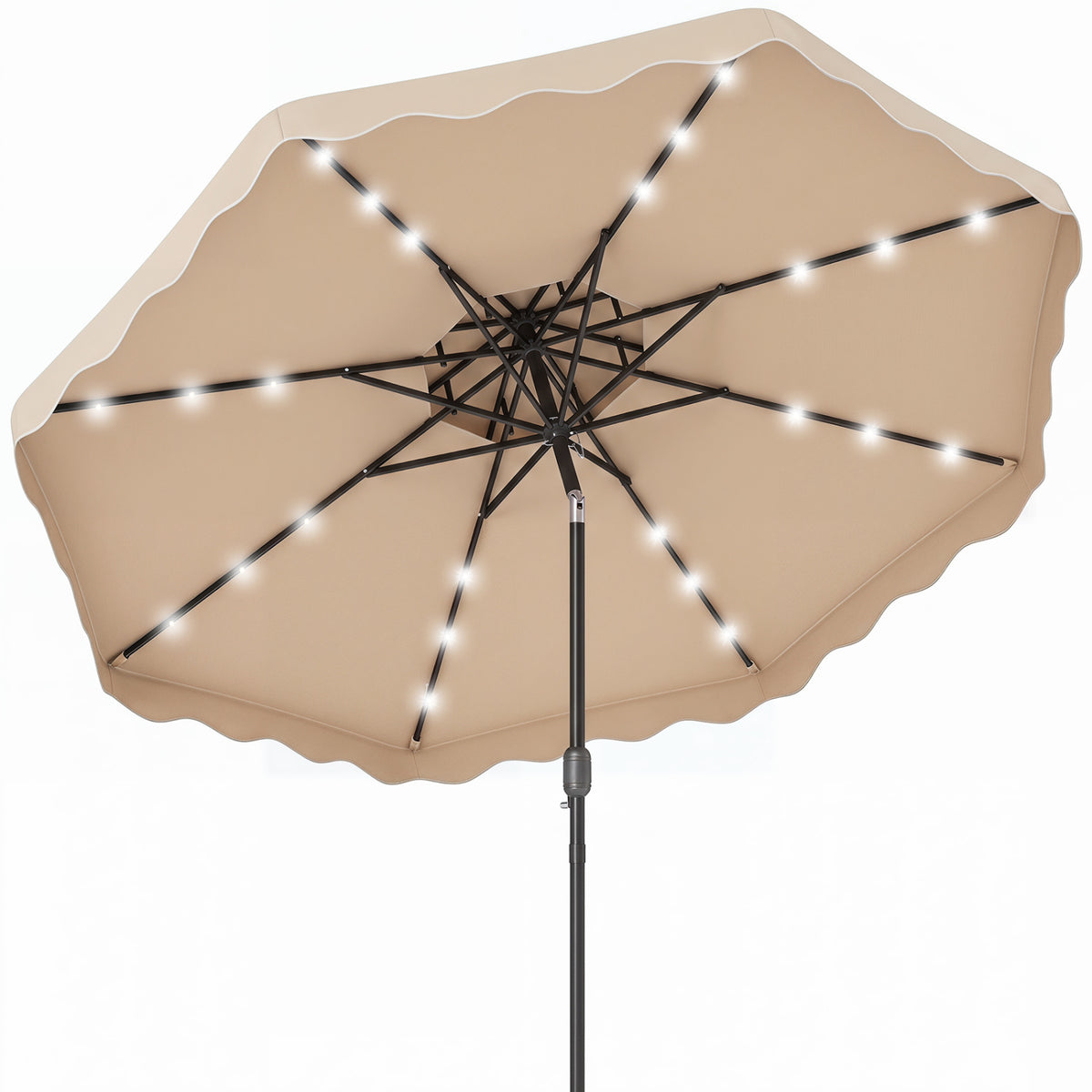 9 FT Solar LED Patio Umbrella Push-Button Tilt and Crank 24 LED Lights and 8 Ribs-Beige view 4