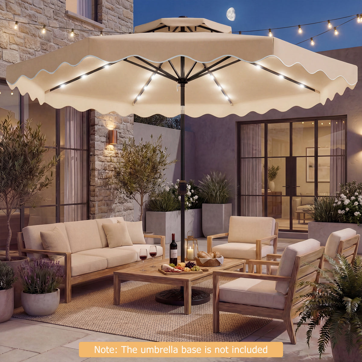 9 FT Solar LED Patio Umbrella Push-Button Tilt and Crank 24 LED Lights and 8 Ribs-Beige view 6