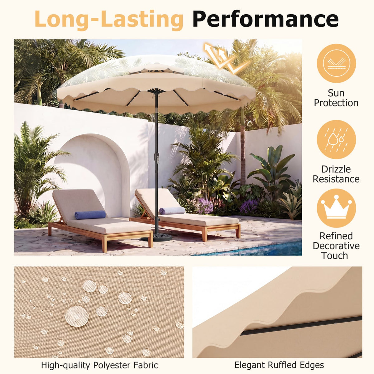 9 FT Solar LED Patio Umbrella Push-Button Tilt and Crank 24 LED Lights and 8 Ribs-Beige view 7