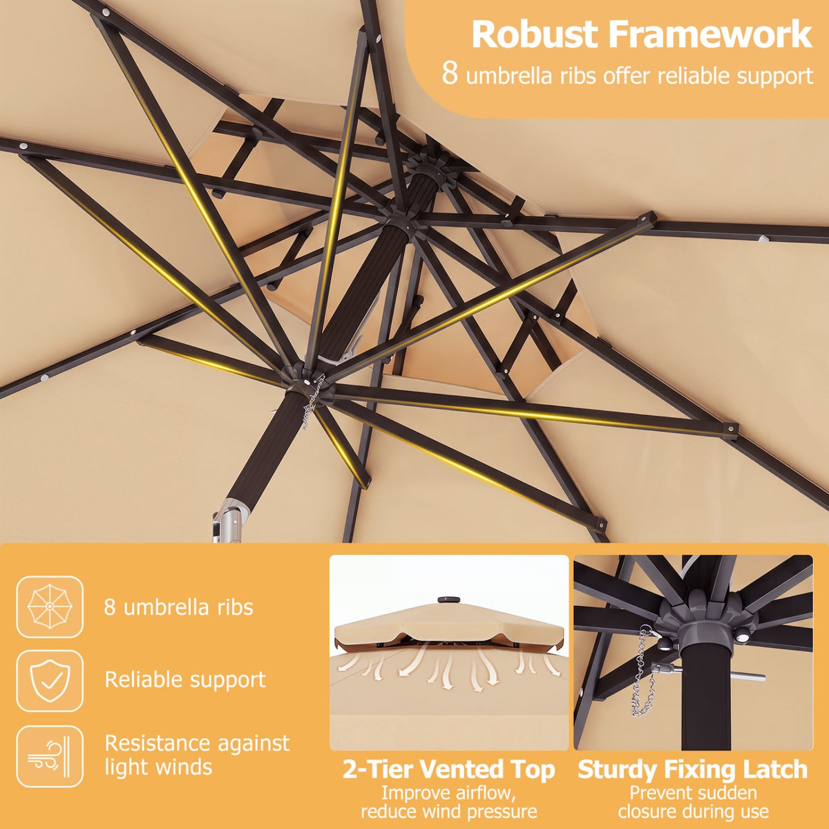 9 FT Solar LED Patio Umbrella Push-Button Tilt and Crank 24 LED Lights and 8 Ribs-Beige view 9
