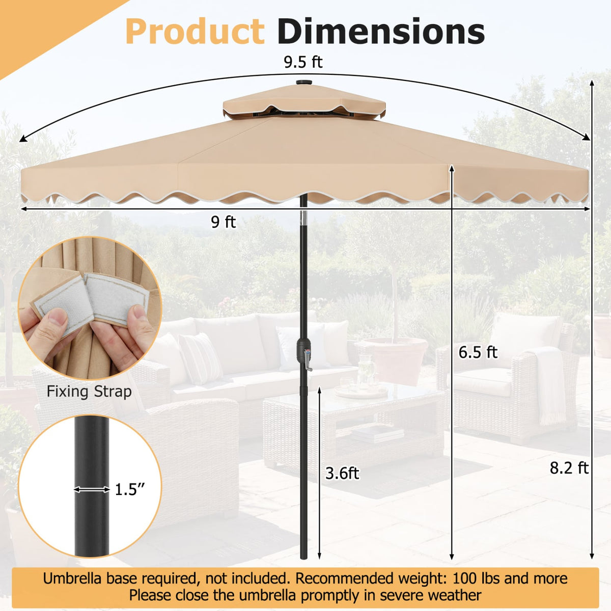 9 FT Solar LED Patio Umbrella Push-Button Tilt and Crank 24 LED Lights and 8 Ribs-Beige view 5