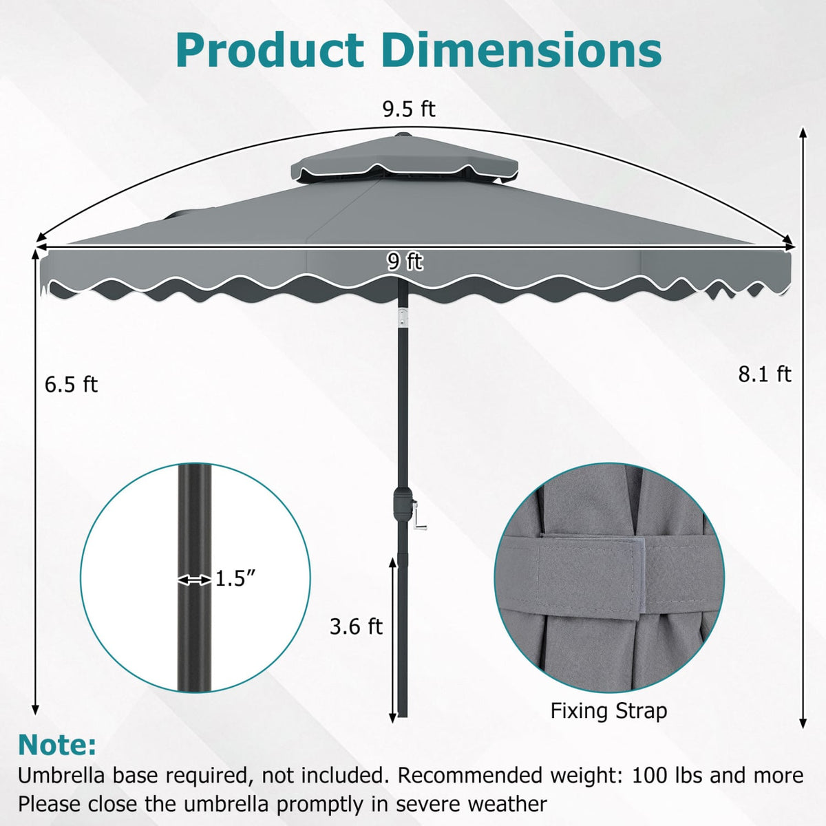 9 Feet Patio Umbrella with Push Button Tilt and Crank-Gray view 5