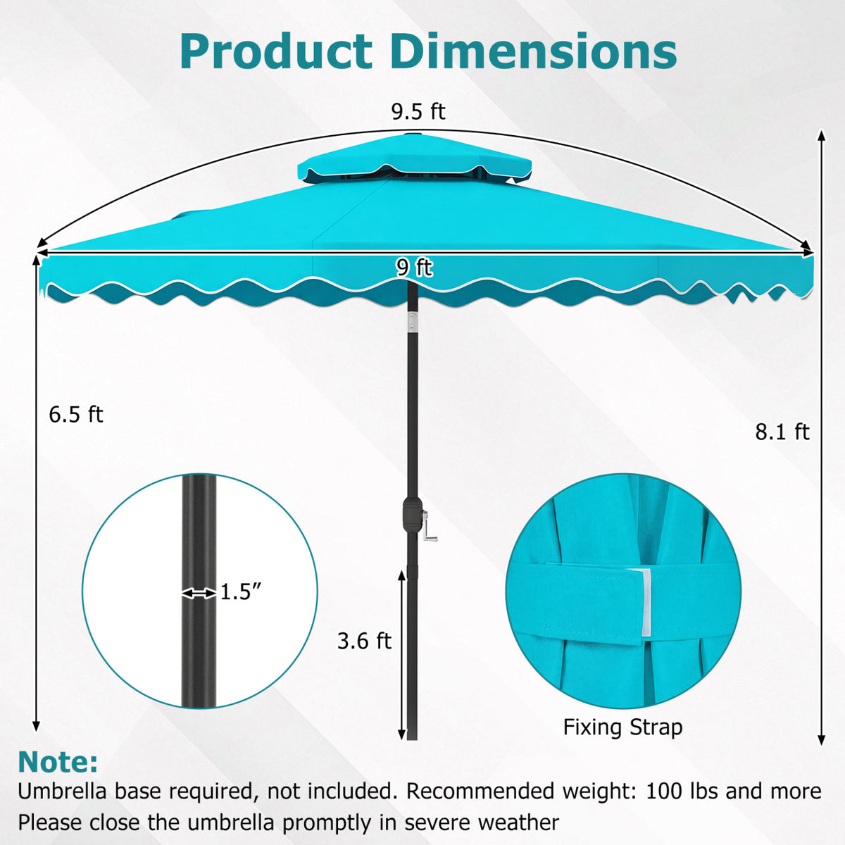 9 Feet Patio Umbrella with Push Button Tilt and Crank-Turquoise view 5