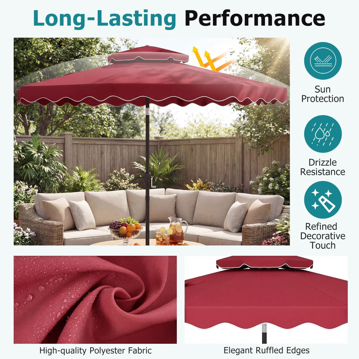 9 Feet Patio Umbrella with Push Button Tilt and Crank-Wine view 9