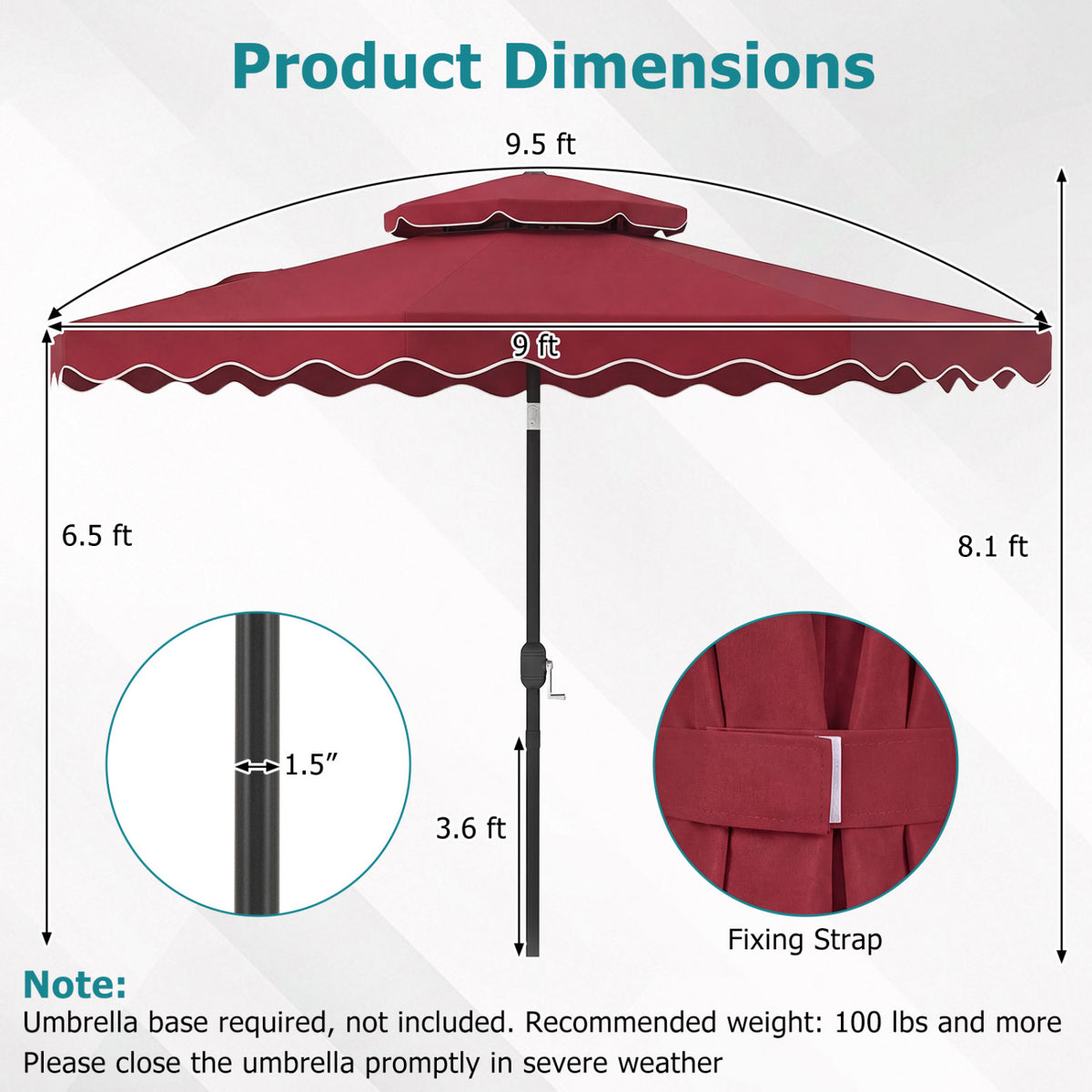 9 Feet Patio Umbrella with Push Button Tilt and Crank-Wine view 5