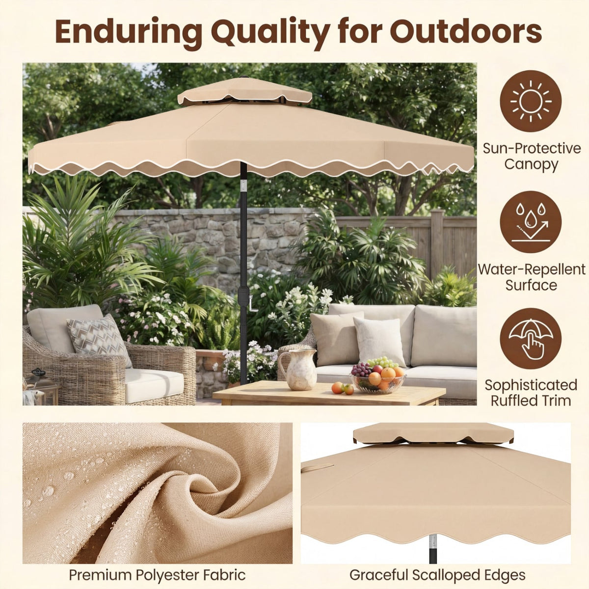 9 Feet Patio Umbrella with Push Button Tilt and Crank-Beige view 7