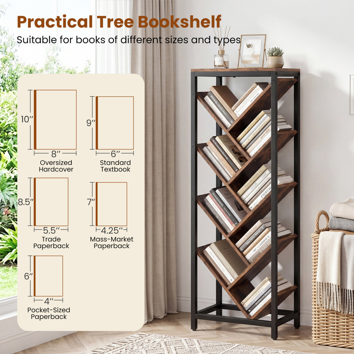 9-Tier Freestanding Bookcase for Hardcover Books-Rustic Brown view 7