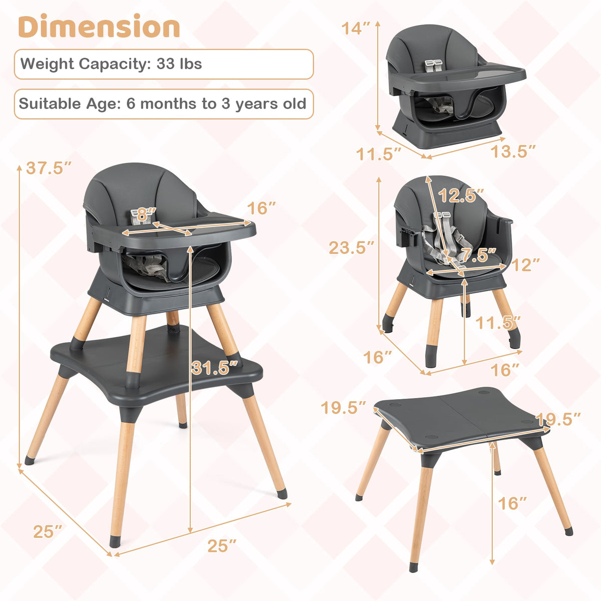 9-in-1 Convertible High Chair with Solid Wood Legs for Babies and Toddlers-Gray view 5