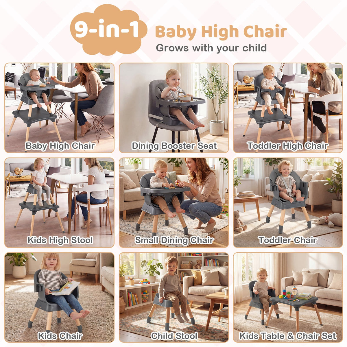 9-in-1 Convertible High Chair with Solid Wood Legs for Babies and Toddlers-Gray view 6