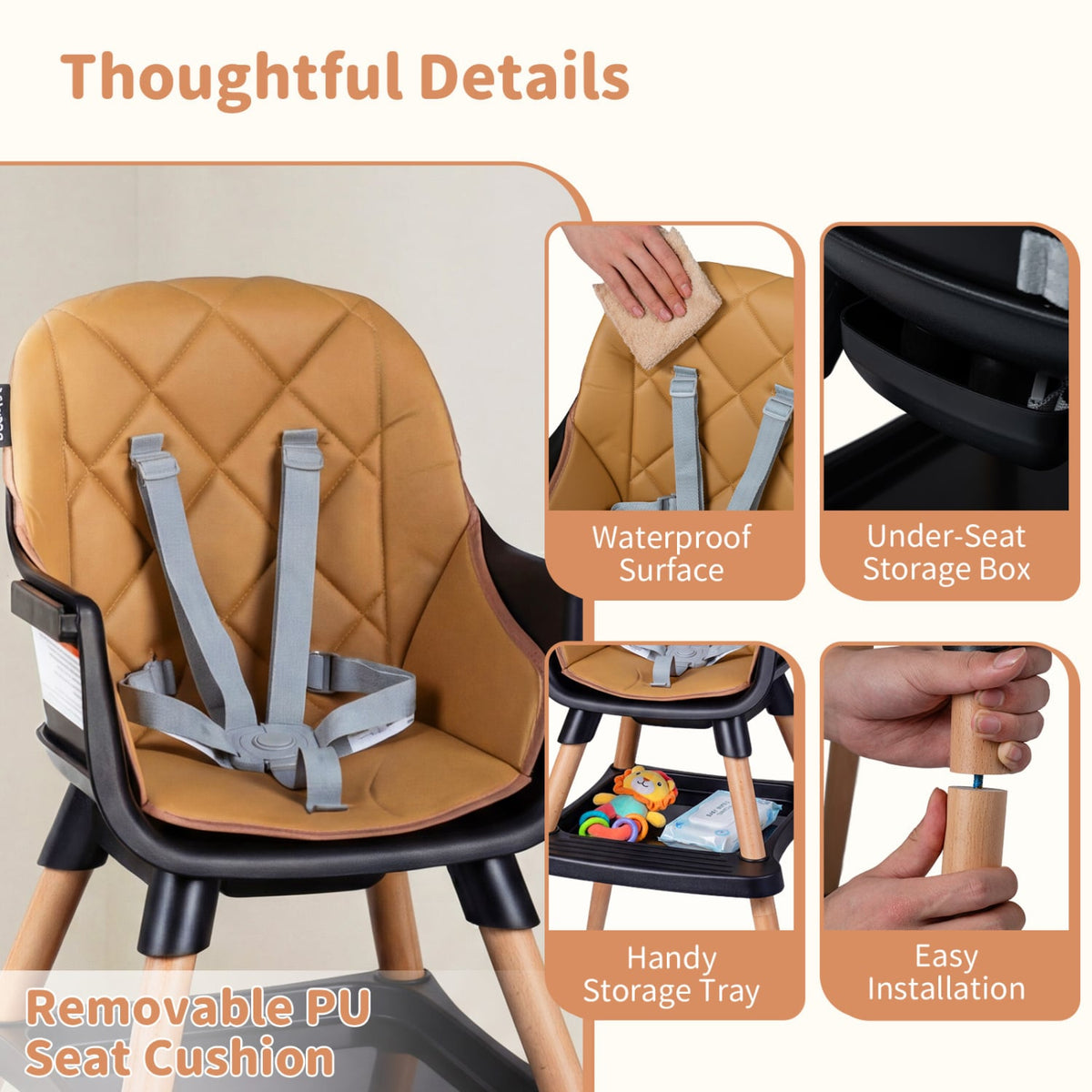 9-in-1 Convertible High Chair for Babies and Toddlers with Seat Cushion-Black view 8