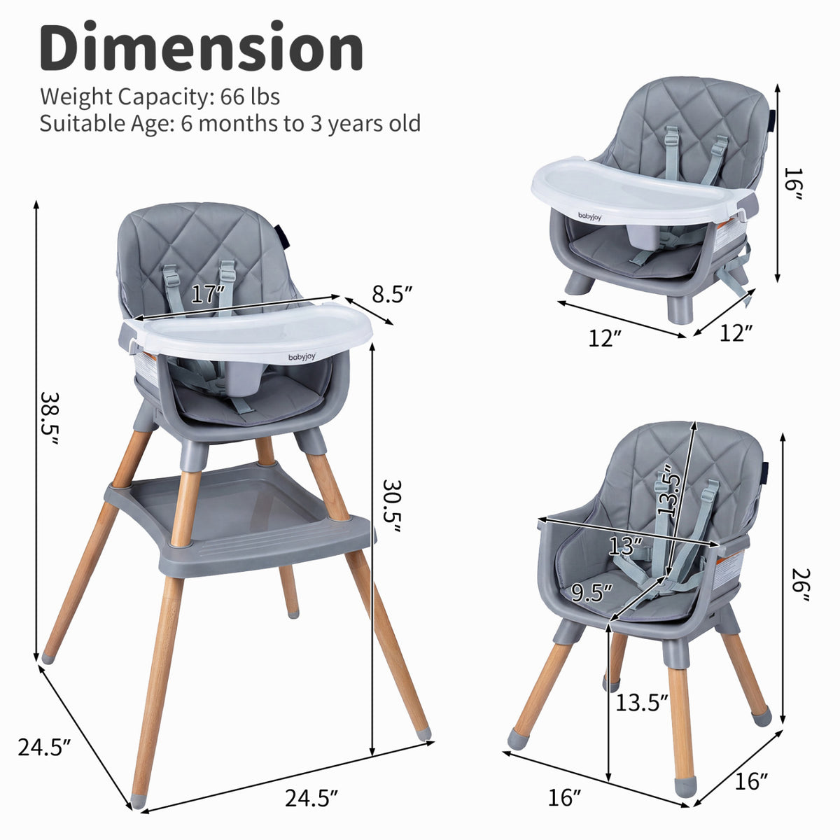 9-in-1 Convertible High Chair for Babies and Toddlers with Seat Cushion-Gray view 5