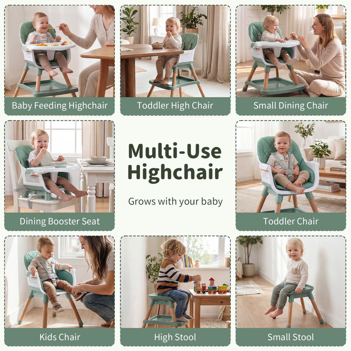 9-in-1 Convertible High Chair for Babies and Toddlers with Seat Cushion-Green view 6