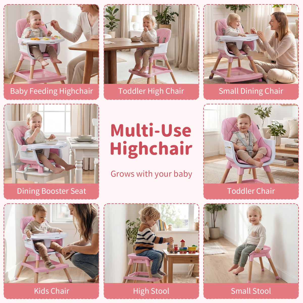 9-in-1 Convertible High Chair for Babies and Toddlers with Seat Cushion-Pink view 6