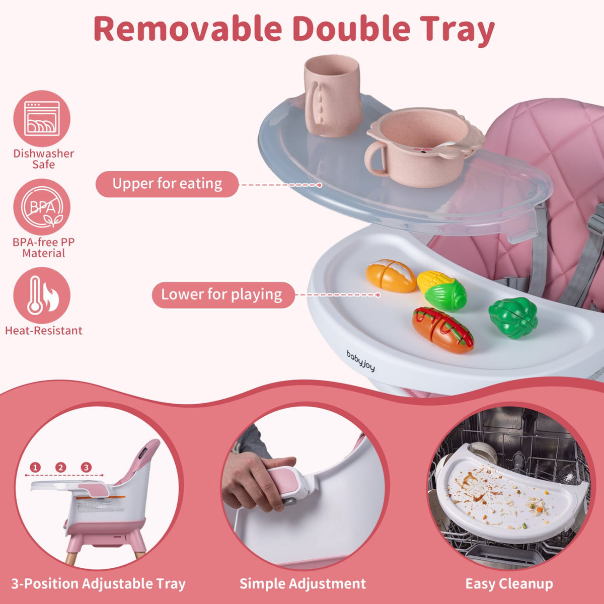 9-in-1 Convertible High Chair for Babies and Toddlers with Seat Cushion-Pink view 7