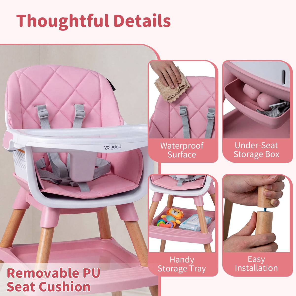 9-in-1 Convertible High Chair for Babies and Toddlers with Seat Cushion-Pink view 8