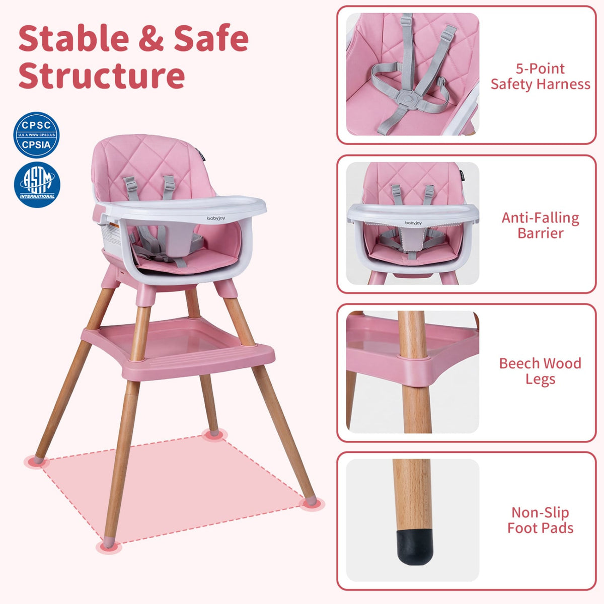 9-in-1 Convertible High Chair for Babies and Toddlers with Seat Cushion-Pink view 9